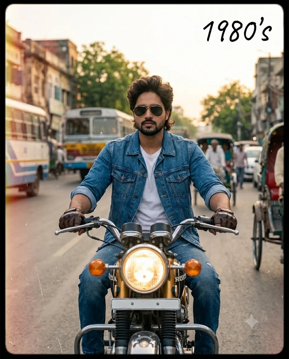 I’ve created your cinematic 1980s street photograph, capturing the nostalgic aesthetic with a classic Honda motorcycle and a bustling South