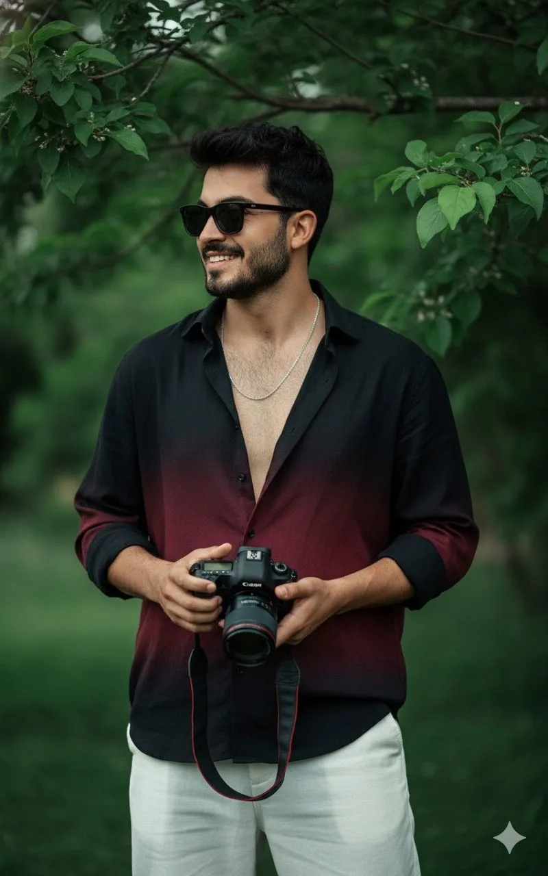 A sharp, candid 9:16 portrait of a handsome young South Asian man standing outdoors in a lush green park.