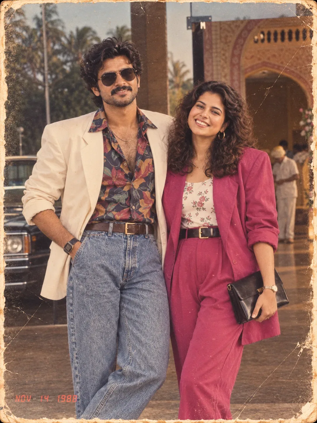 Create an ultra-realistic vertical 4:5 vintage Indian couple portrait that looks like a genuine photograph captured in November 1988 on