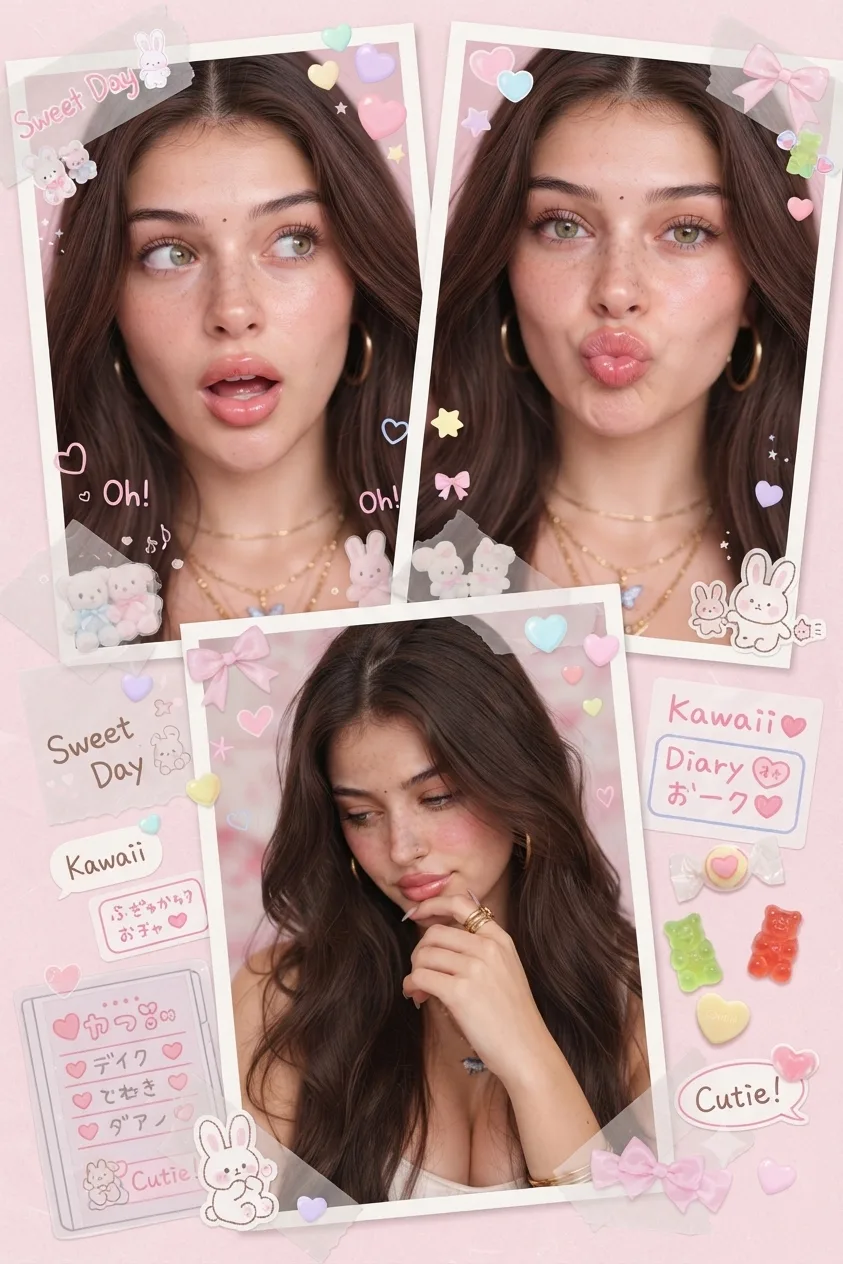 A dreamy multi-frame pastel pink aesthetic collage featuring a cute young girl with long silky black hair tied in a low ponytail.