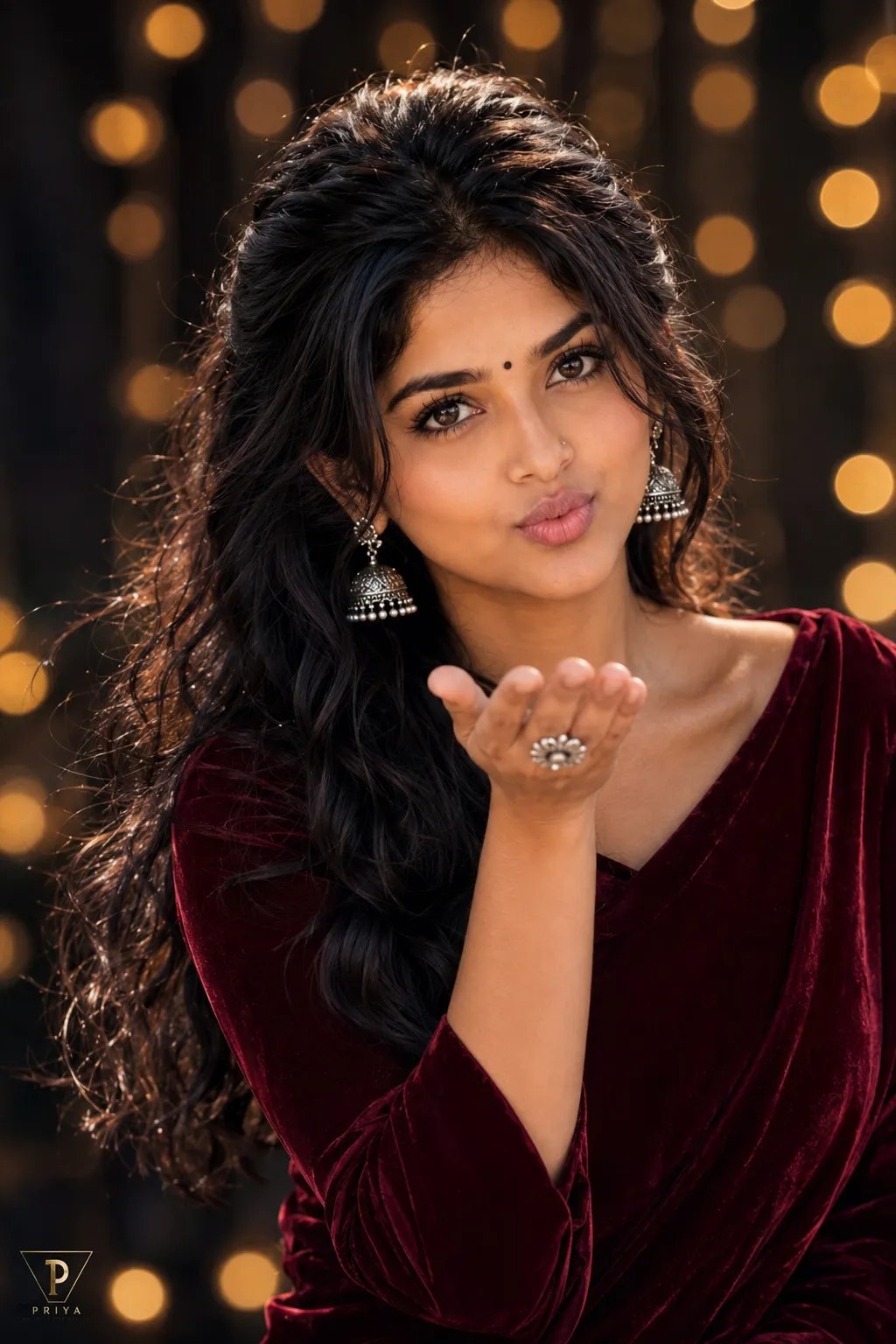 Face looking directly into the camera Lips puckered in a soft kiss expression One hand gracefully raised near the lips, blowing a kiss