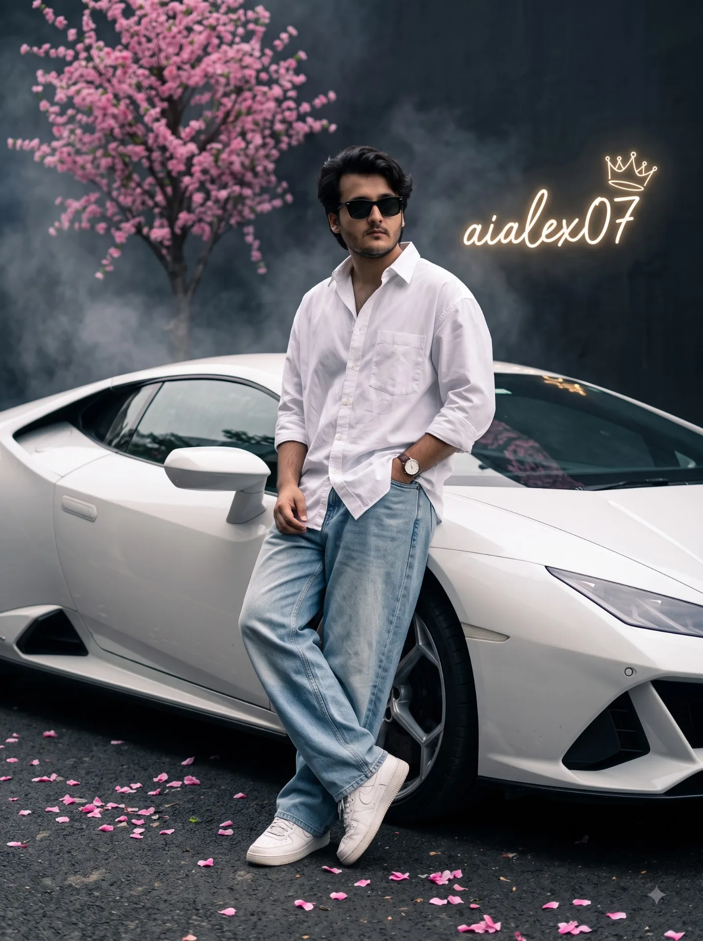 Ultra-realistic cinematic portrait of a young man leaning casually against a white luxury sports car, wearing an oversized white shirt,