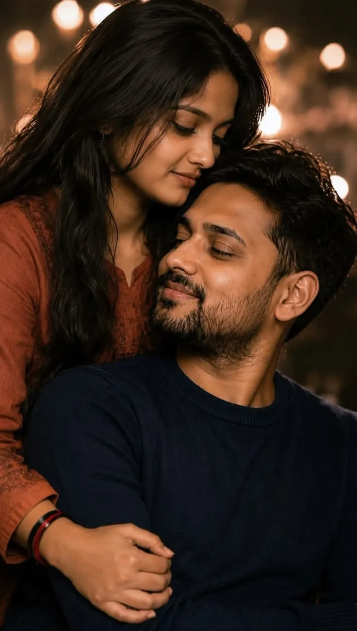 Prompt: A warm, intimate portrait of a young couple sharing a tender embrace indoors, with soft, golden bokeh lights in the background