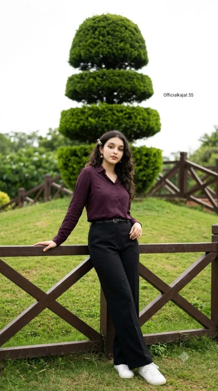 @Officialkajal.55 A full-shot aesthetic photograph of a young woman with natural wavy dark hair, wearing a dark plum-maroon button-down