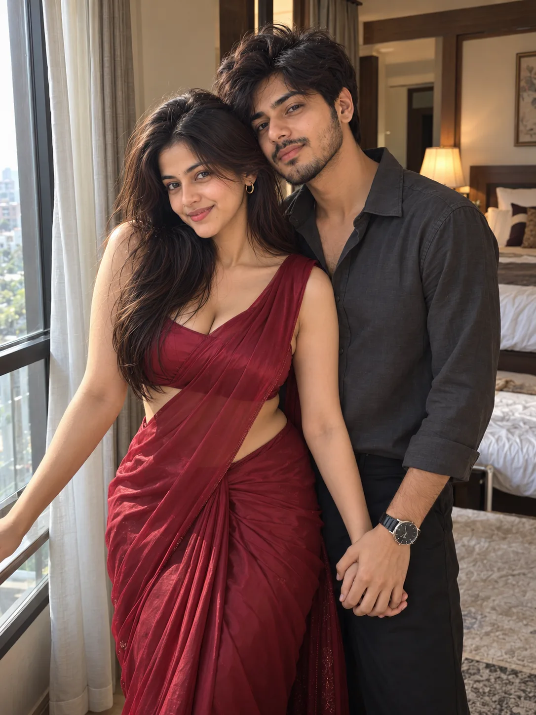Ultra-realistic candid iPhone 15 Pro Max portrait of two 25-year-old South Asian adults standing together beside a large bedroom window.