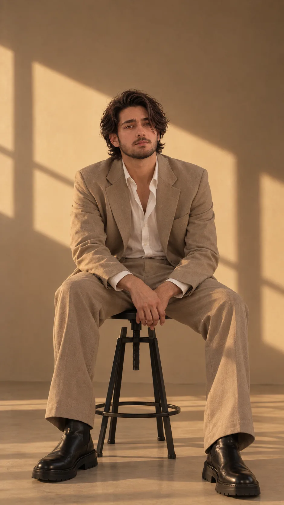**Ultra-realistic cinematic luxury fashion photograph of a handsome young adult man seated confidently on a tall black industrial metal
