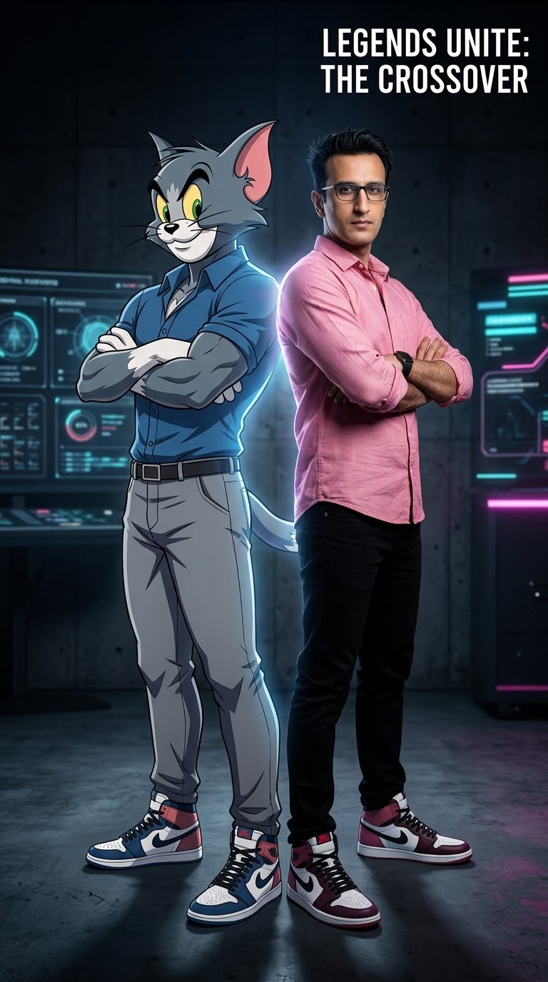 Cinematic 8K portrait of a uploaded boy and Tom standing confidently back-to-back, arms crossed, stylish sneakers, dark premium studio