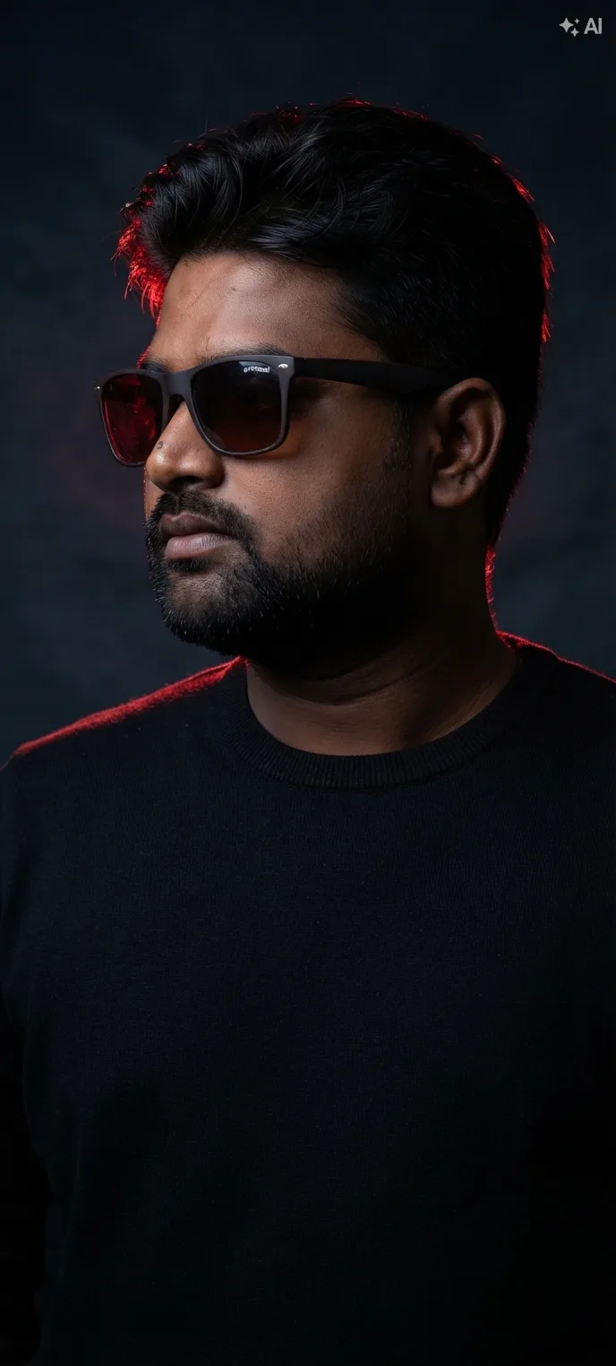 A cinematic studio portrait of a stylish man with a well-groomed beard and mustache, wearing dark sunglasses and a plain black crew-neck