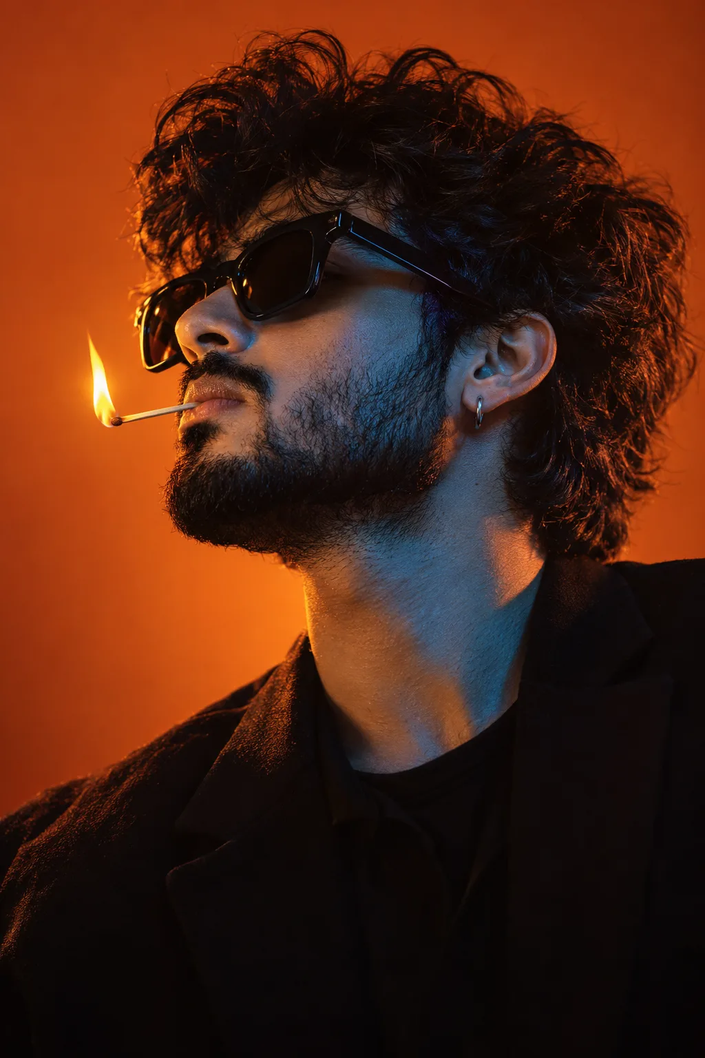 A cinematic, ultra realistic close-up side profile portrait of a stylish young man with messy curly black hair and a well-groomed beard,