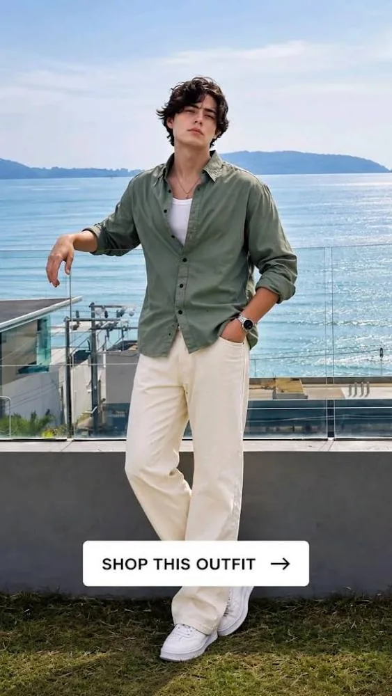 A full-body lifestyle portrait of a handsome young man with messy dark hair, leaning casually against a glass railing on a rooftop terrace