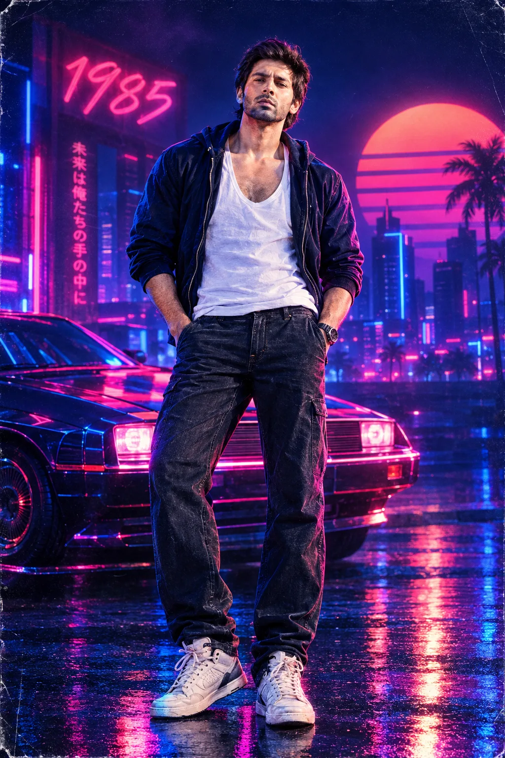 Create a cinematic full-body portrait of a confident young South Asian man standing on a rain-soaked street at night in a retro-futuristic
