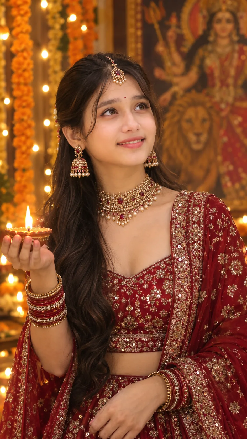Beautiful Indian Woman in Red Lehenga Holding Diya During Festival