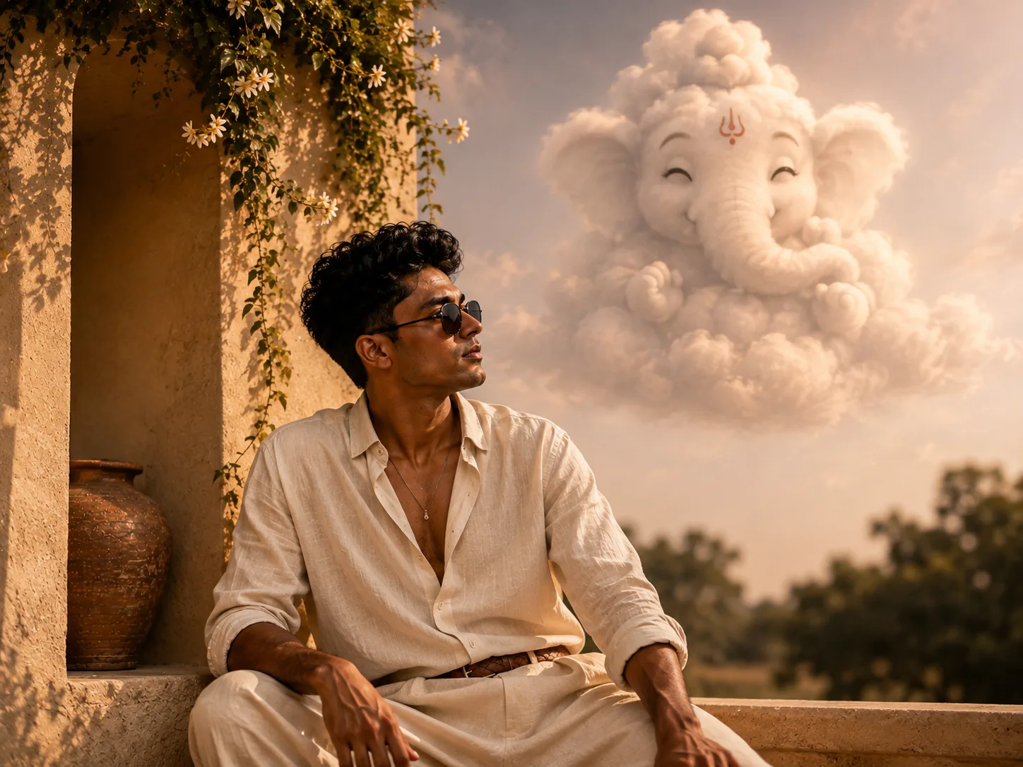 Create a cinematic, ultra-realistic devotional portrait of a young Indian man sitting peacefully on a traditional rustic terrace during