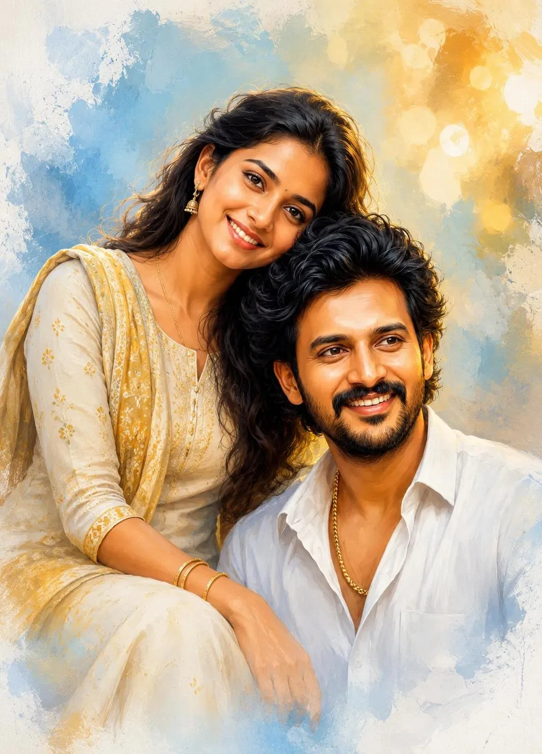 Indian couple portrait in digital oil painting style with soft watercolor-washed edges blending into a light sky-blue background with warm