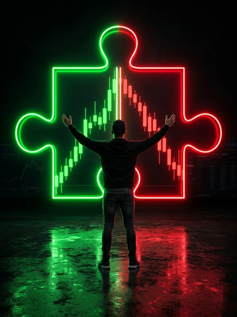 A back-view shot of a man standing under a glowing neon outline of a puzzle piece, split vertically into two colors.