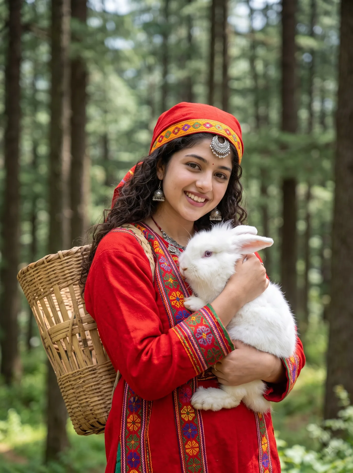 A vibrant high-quality photo of a young smiling Himachali woman standing in a lush pine forest in Manali.