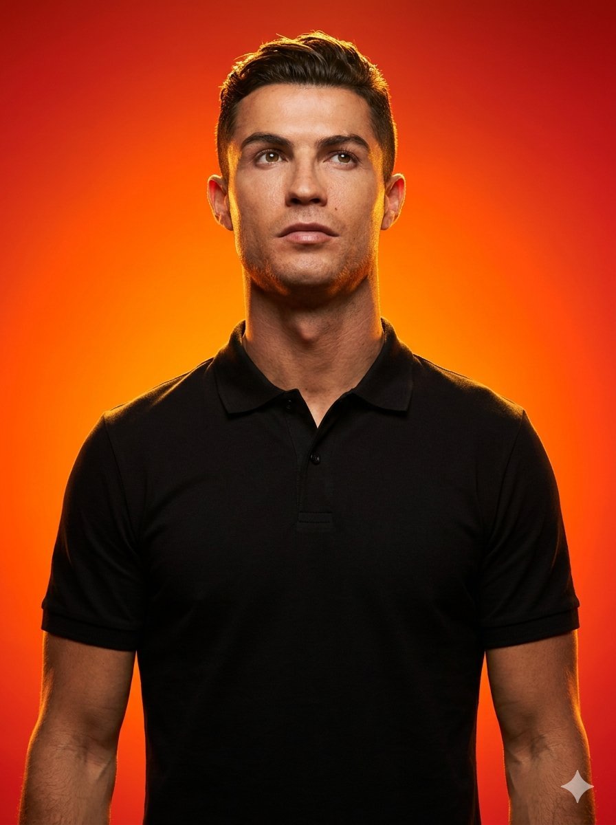 Created with Gemini Nano Banana Pro Prompt: Ultra-realistic studio portrait photography, confident fashion model wearing a plain black polo