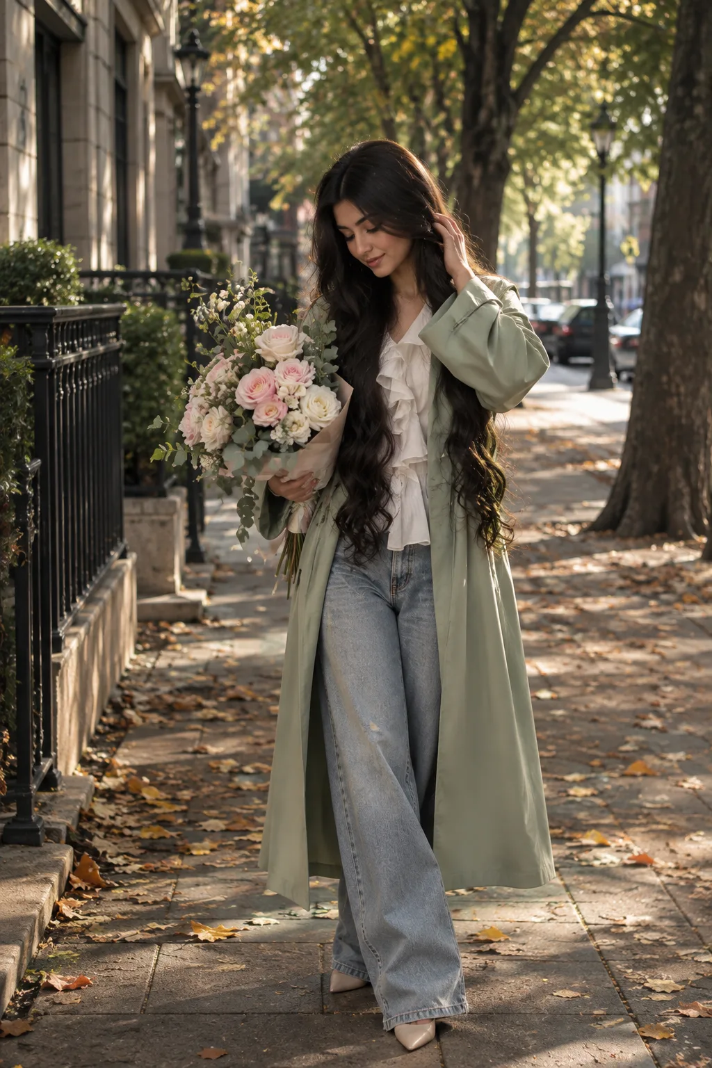 Create an image of a woman standing on a city sidewalk, partially shaded by tall trees, in early autumn with scattered leaves and soft warm