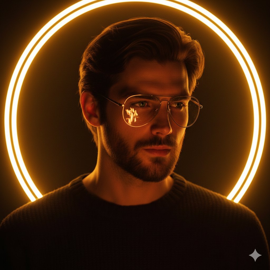 Cinematic portrait of a handsome young man with short styled hair and a trimmed beard, wearing thin metal aviator glasses, softly