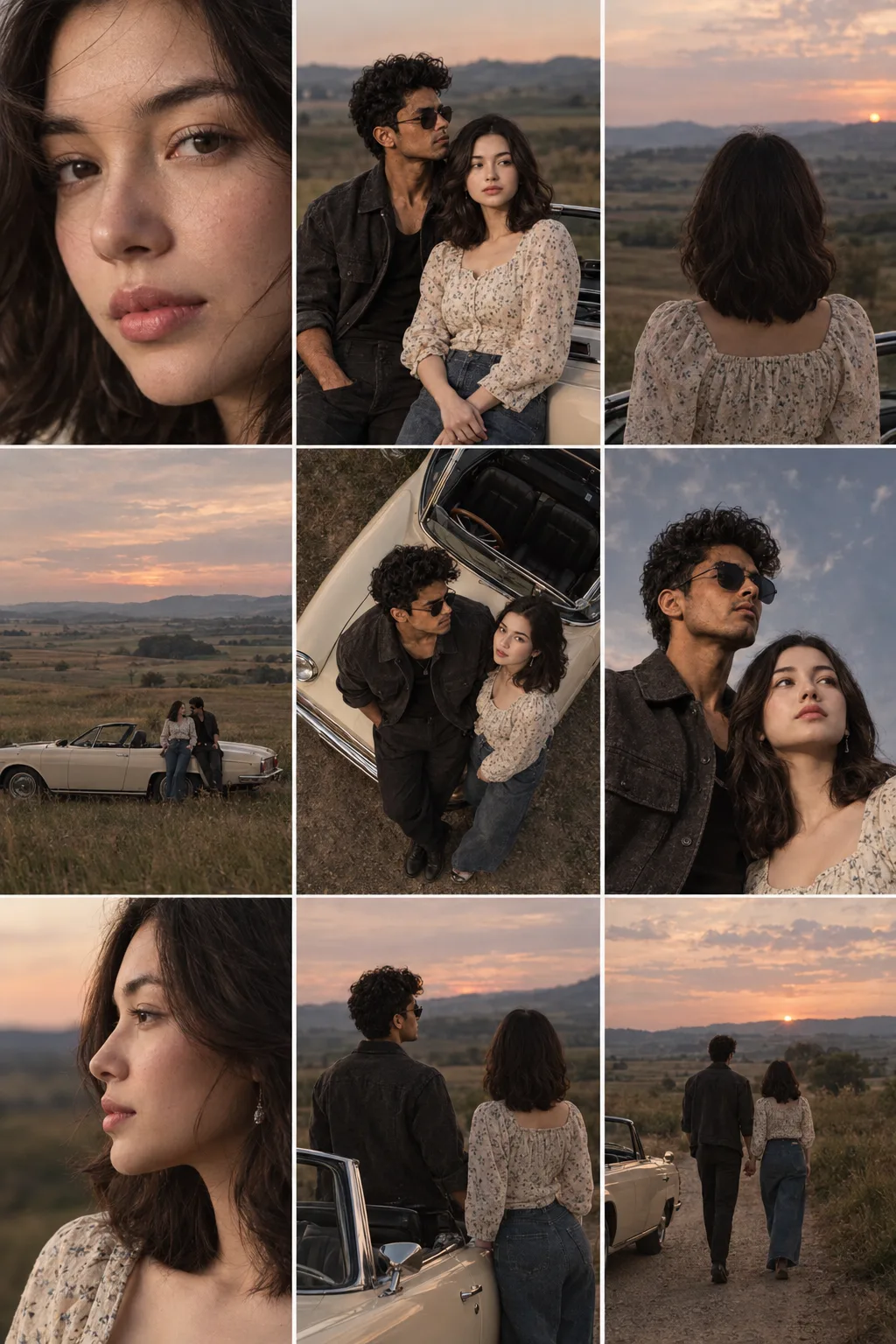 A cinematic 3×3 grid of film-still frames featuring the same couple during a quiet countryside road stop at dusk.