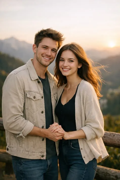 A candid, heartwarming medium shot of a happy young couple standing close and holding hands on a rustic wooden balcony viewpoint.