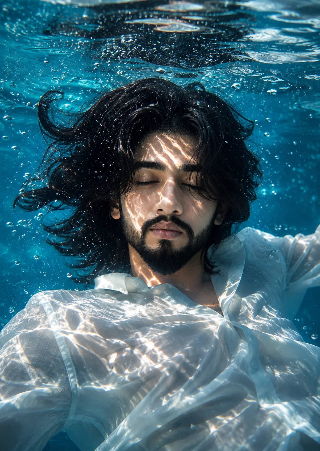 A young man floating underwater with eyes closed, peaceful expression, long dark wavy hair flowing in deep blue clear water with air