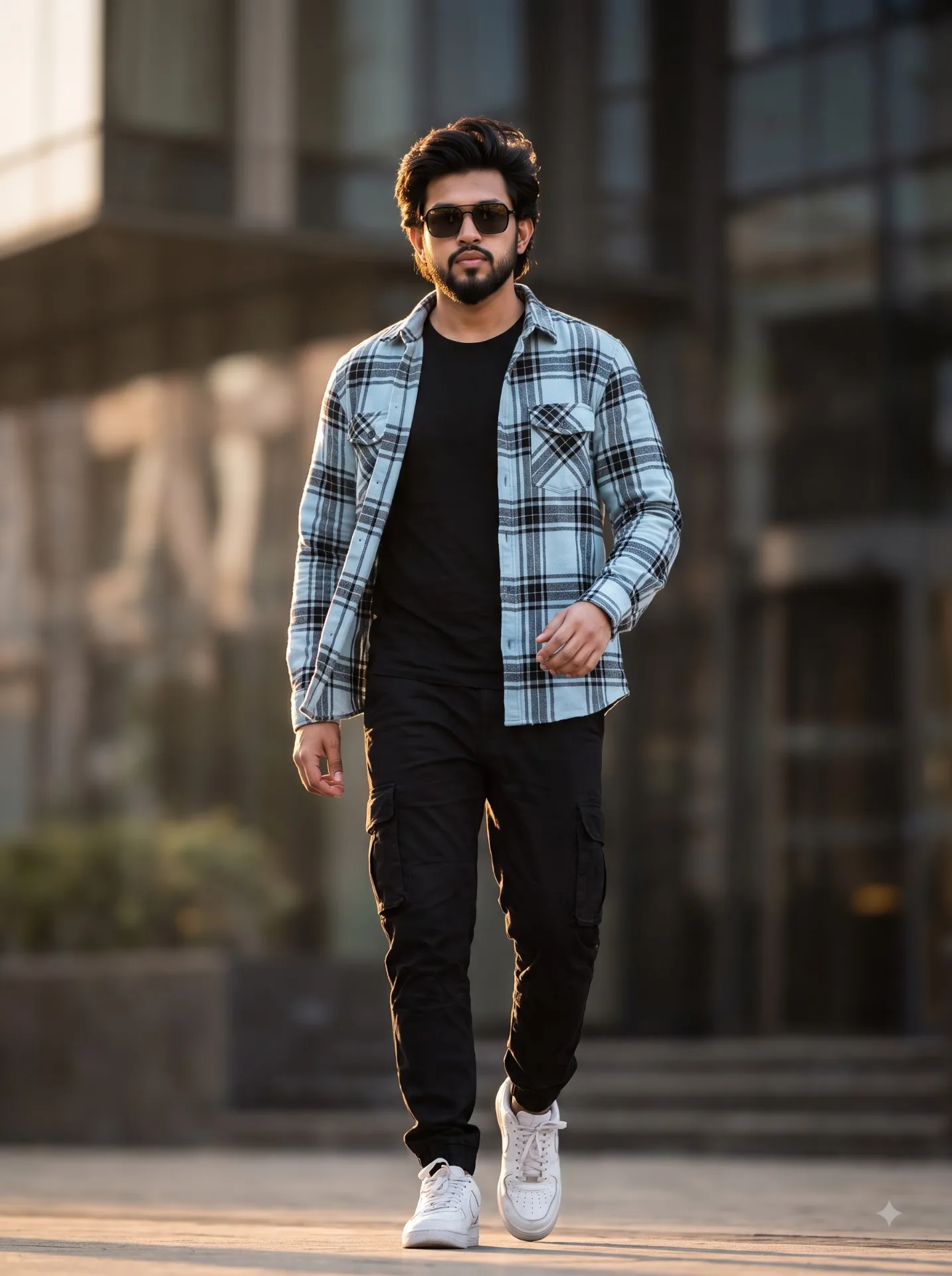 Ultra realistic cinematic full body portrait of a handsome young Indian boy, confident walking pose, black t-shirt and black luxury premium