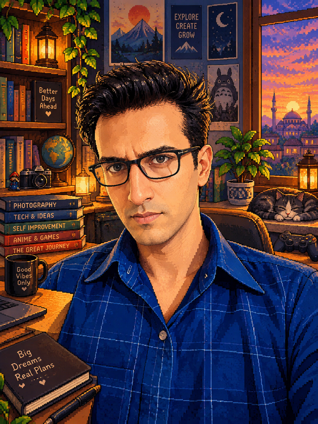 Transform the uploaded photo into a highly detailed handcrafted pixel-art illustration.