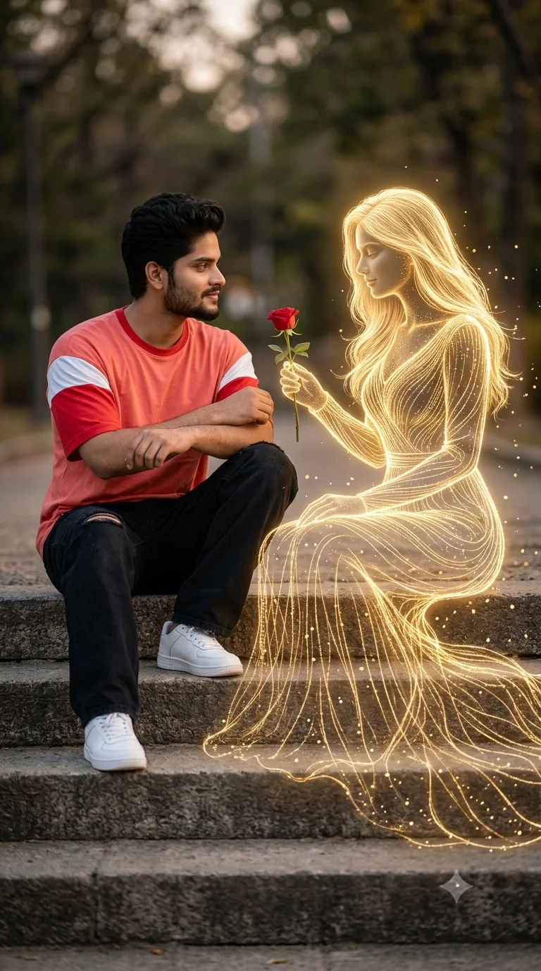 A cinematic, full-length portrait of a handsome South Asian man with styled dark voluminous hair and a well-groomed beard, sitting