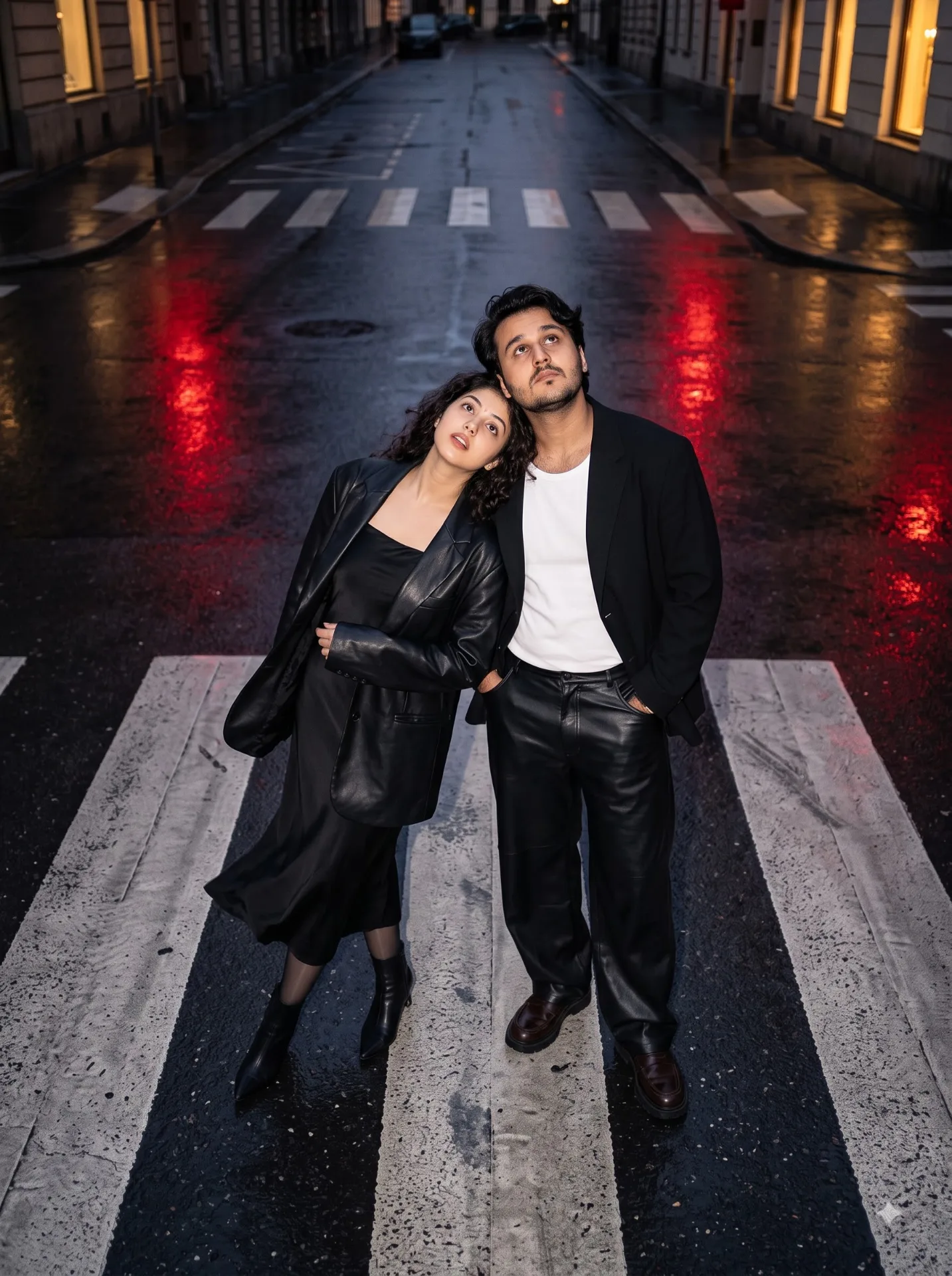 USE IMAGE 1 AS THE IDENTITY REFERENCE FOR THE ADULT COUPLE IN THE CENTER OF THE EXTERIOR STAIRCASE OF AN OLD EUROPEAN HOTEL AT NIGHT,