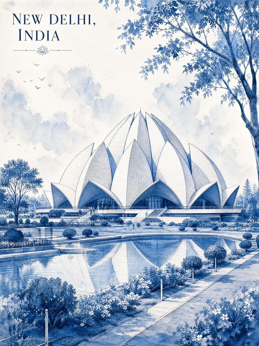 Created with GPT Image 2.0 on Yapper Prompt: Minimalist vintage watercolor travel poster illustration of the Lotus Temple, New Delhi,
