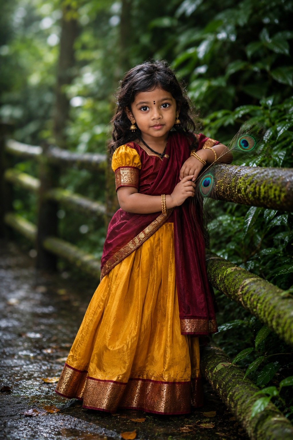 Ultra-realistic cinematic portrait of the same 3-year-old Indian girl with long wavy black hair, expressive brown eyes, tiny black bindi,