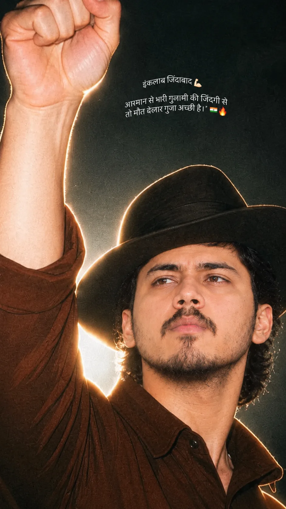 Create a cinematic vertical 4:5 portrait of a young Indian man wearing a dark brown textured shirt and a black wide-brim cowboy-style hat,