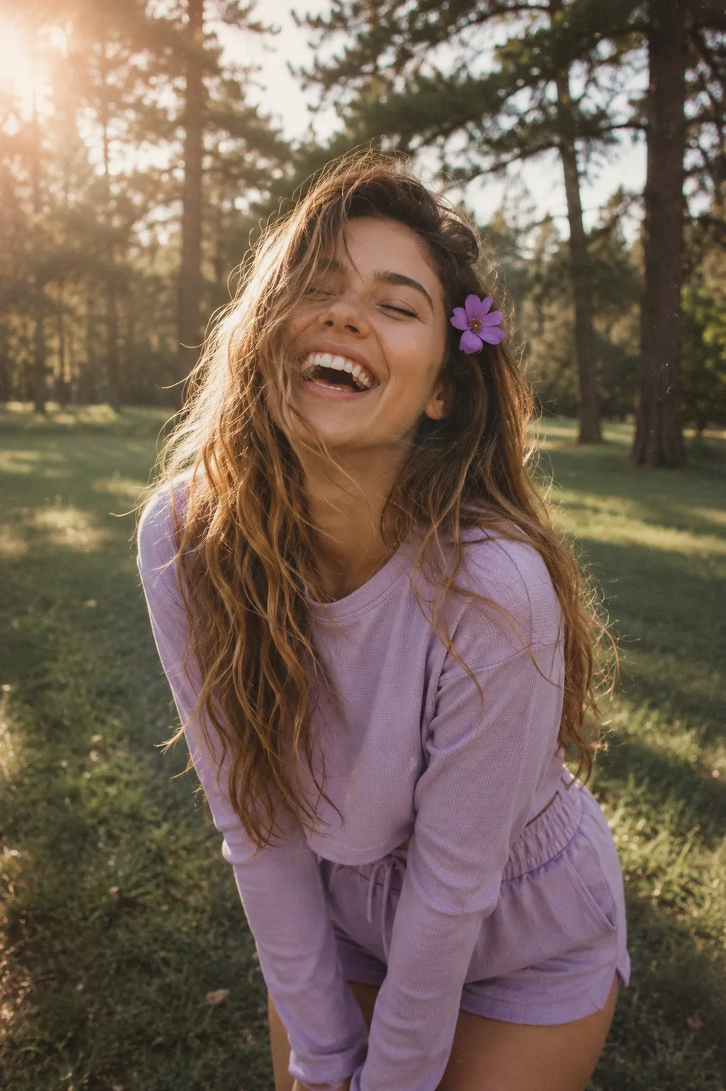 A candid, film-style portrait of a joyful young woman with long, voluminous, wavy light brown hair with blonde highlights, laughing