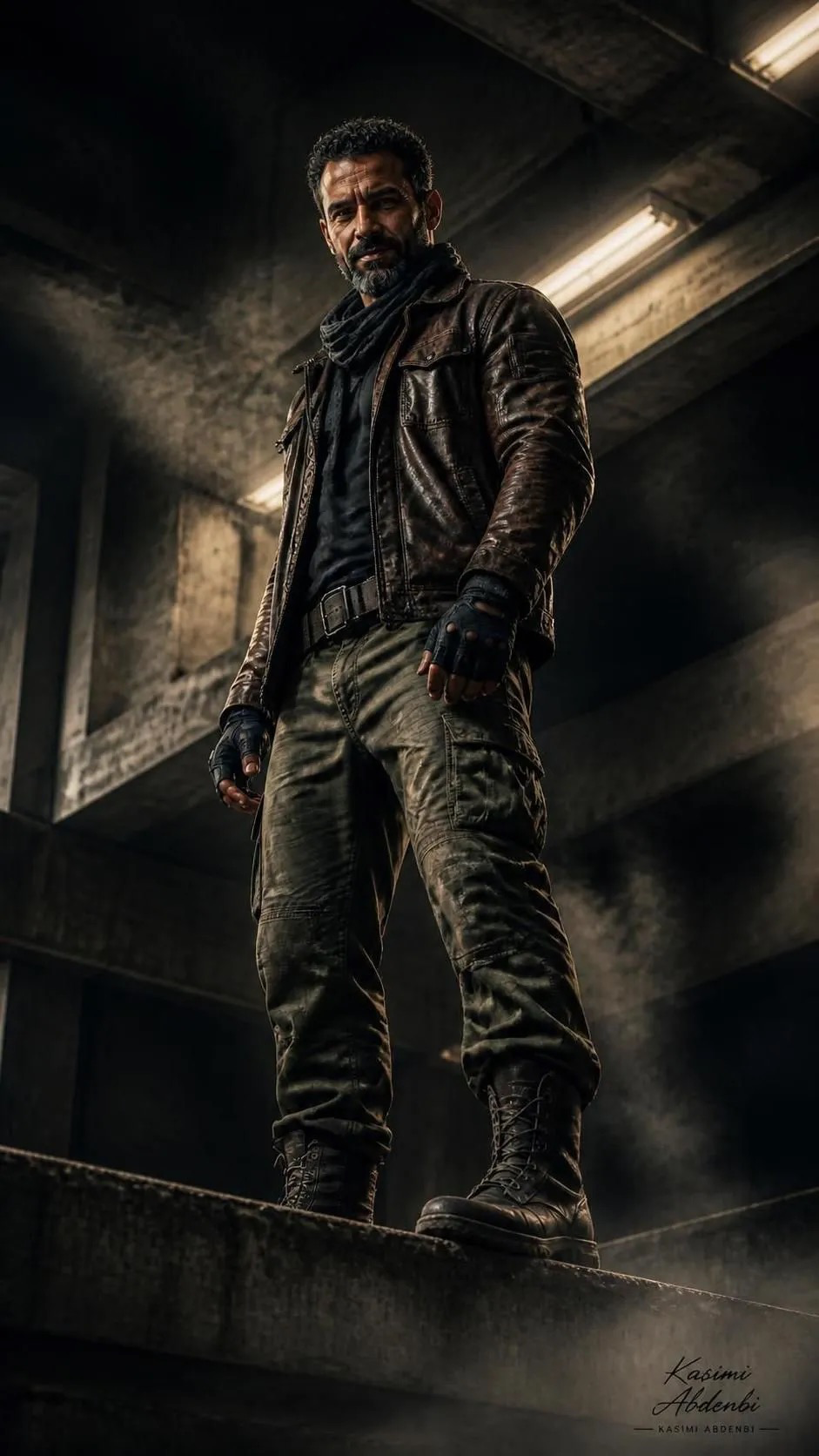 Rugged male (image Uploaded) adventurer standing on a concrete ledge in a dim brutalist parking structure, low-angle three-quarter view