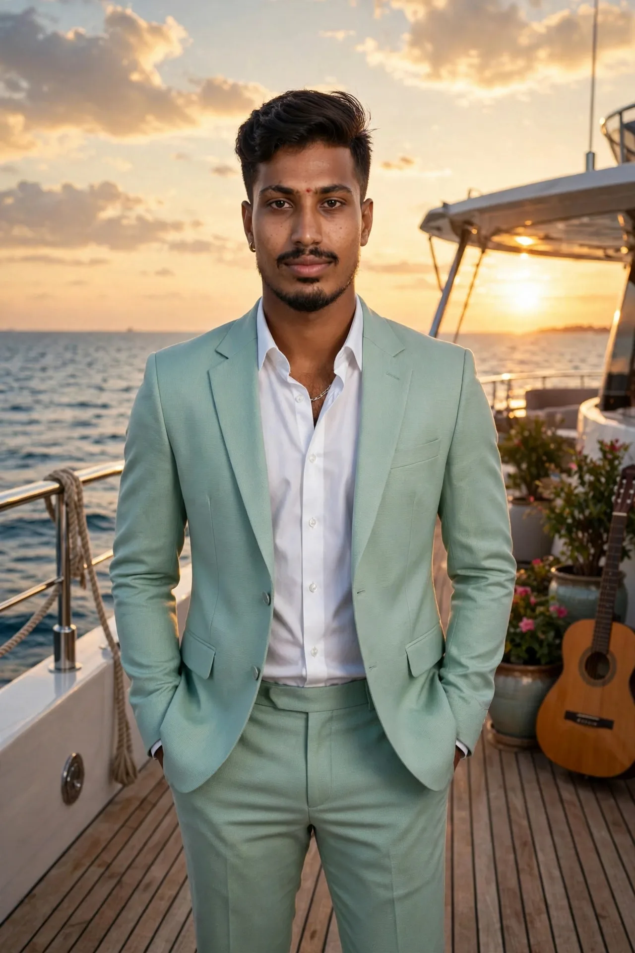 A handsome young Indian man with stylish quiff hairstyle and light beard, wearing mint green luxury suit with white shirt, hands in pocket,