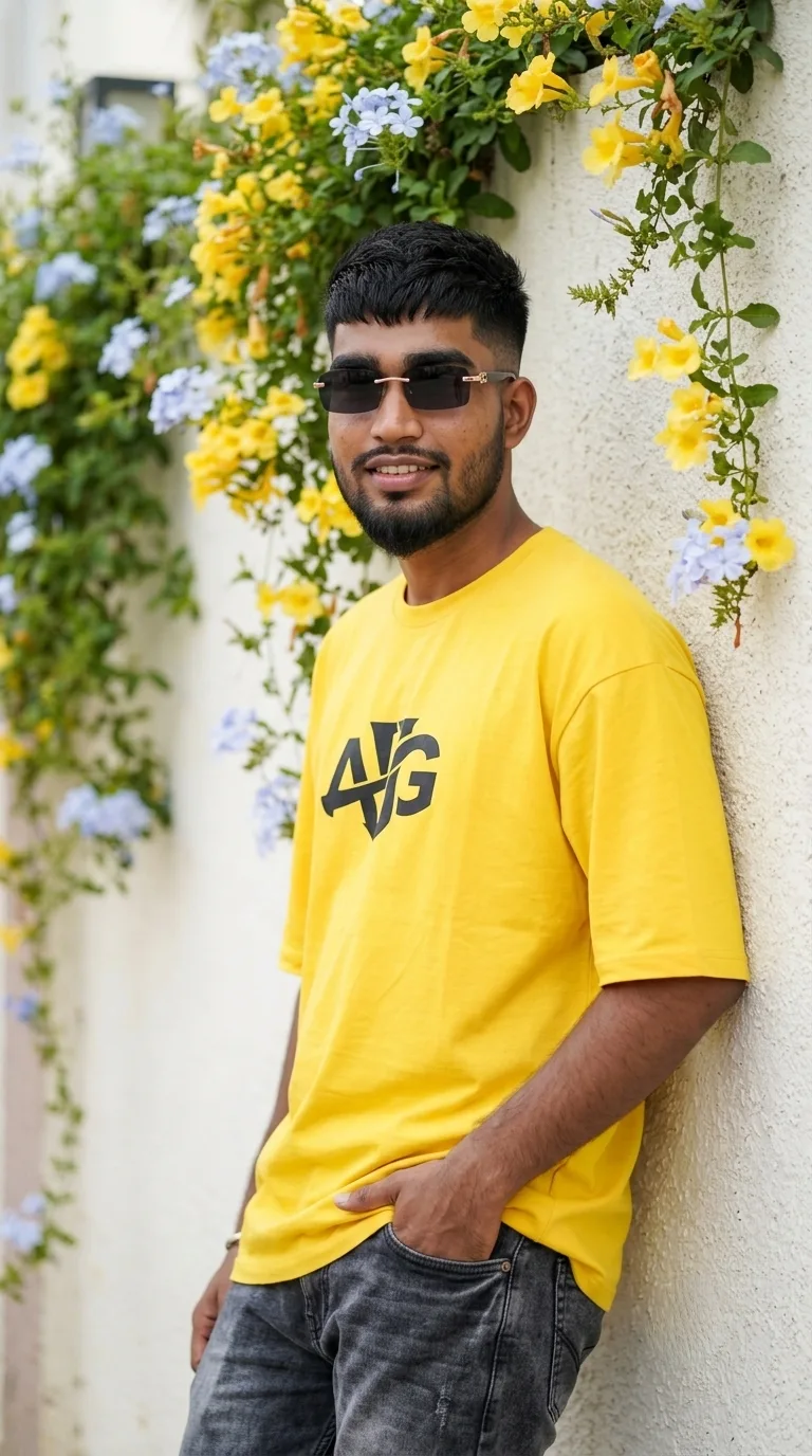 AI Image Prompt Vertical 9:16 outdoor portrait of a young man leaning casually against an off-white wall draped with hanging yellow and