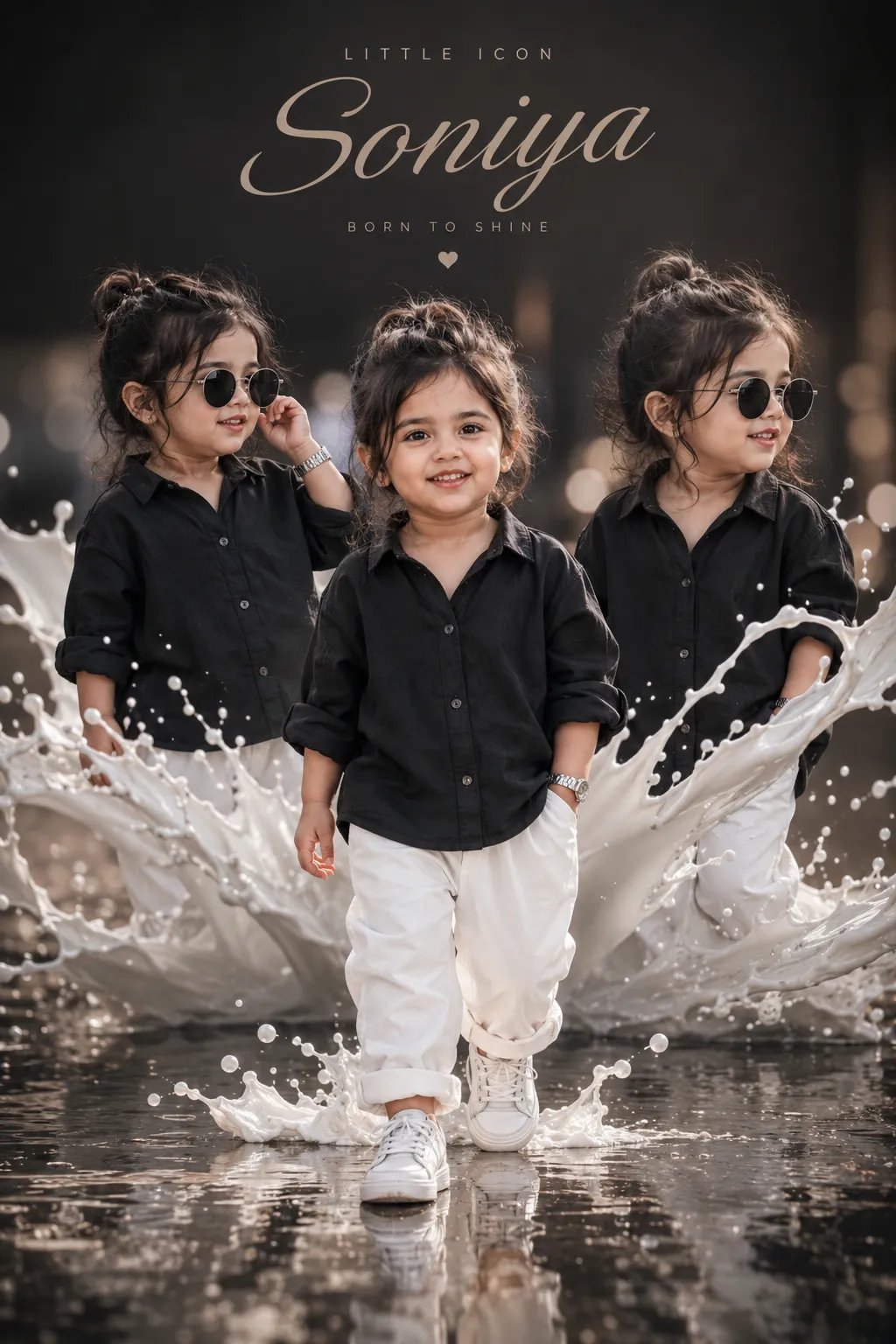 NEW BABY'S PRONT- ⤵️ Ultra-realistic luxury toddler fashion poster, cute baby girls, three stylish poses, textured dark hair, bright eyes,