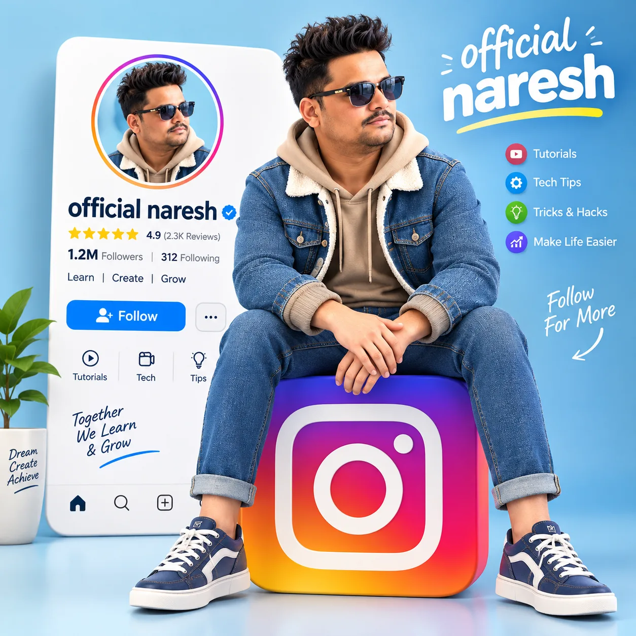 Create a high-quality 3D animated promotional illustration of a cute, stylish young male character sitting casually on a large Instagram