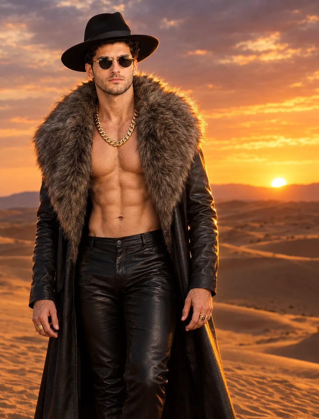 A highly stylized, cinematic, ultra-realistic portrait of a confident, muscular man standing in a vast desert landscape during late golden