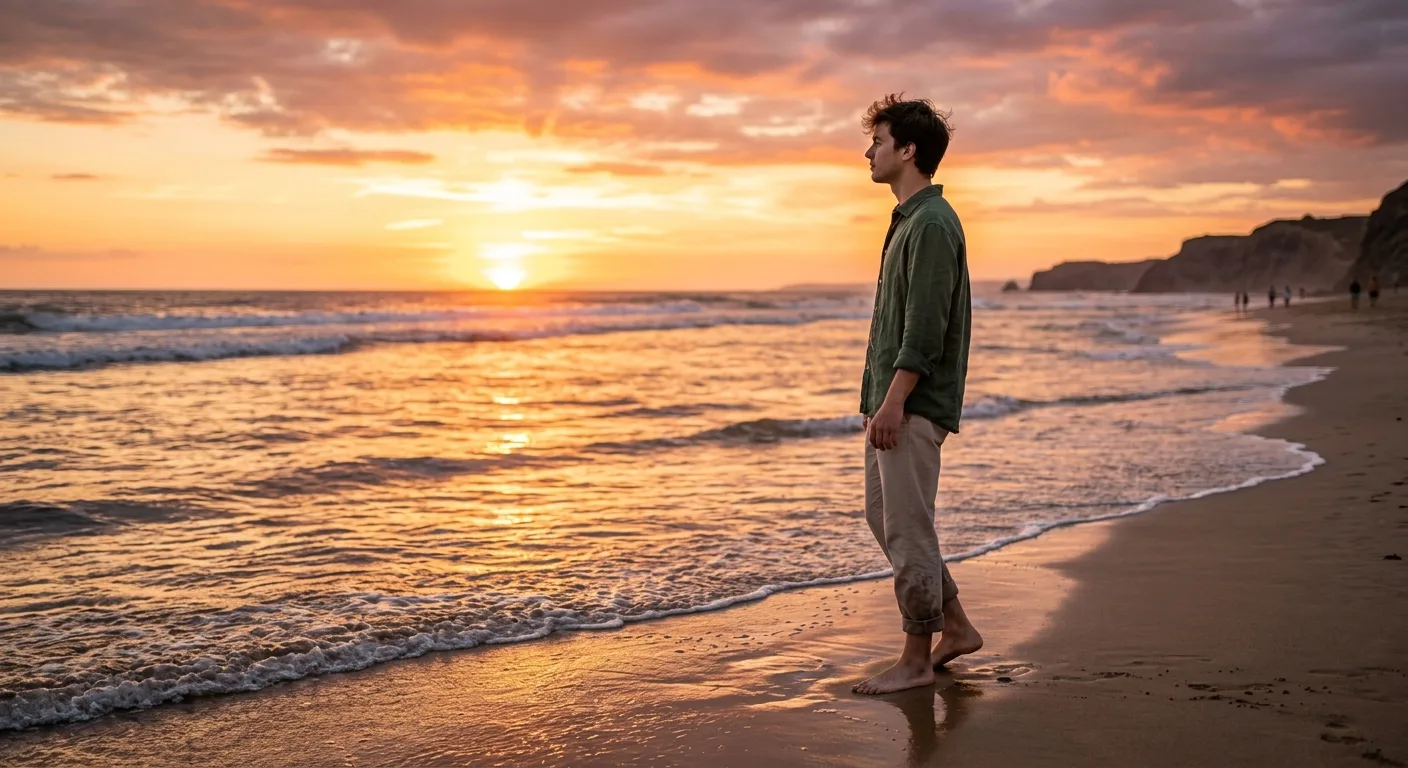 A cinematic beach sunset scene with a young man standing near the shoreline, warm golden sunlight reflecting on the ocean, gentle waves,