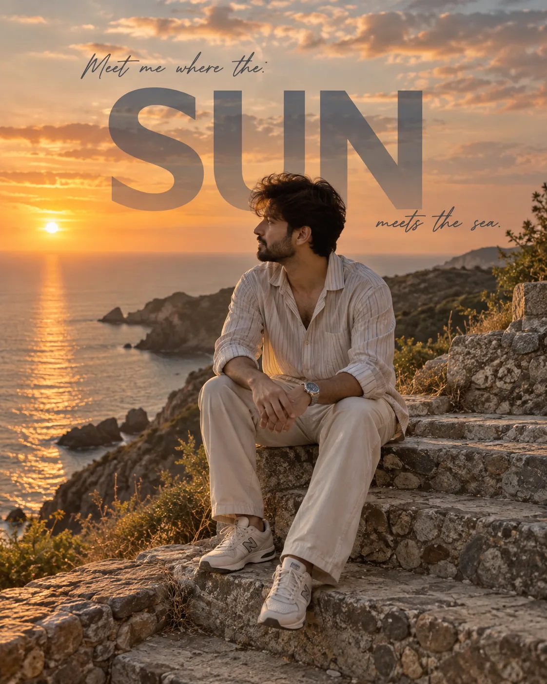 A young bearded indian man sits calmly on weathered stone steps overlooking a rugged coastal inlet, his hands loosely clasped as he gazes