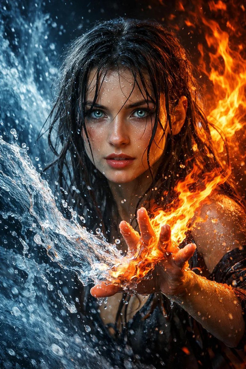 A cinematic fantasy portrait of a powerful elemental sorceress, centered composition.