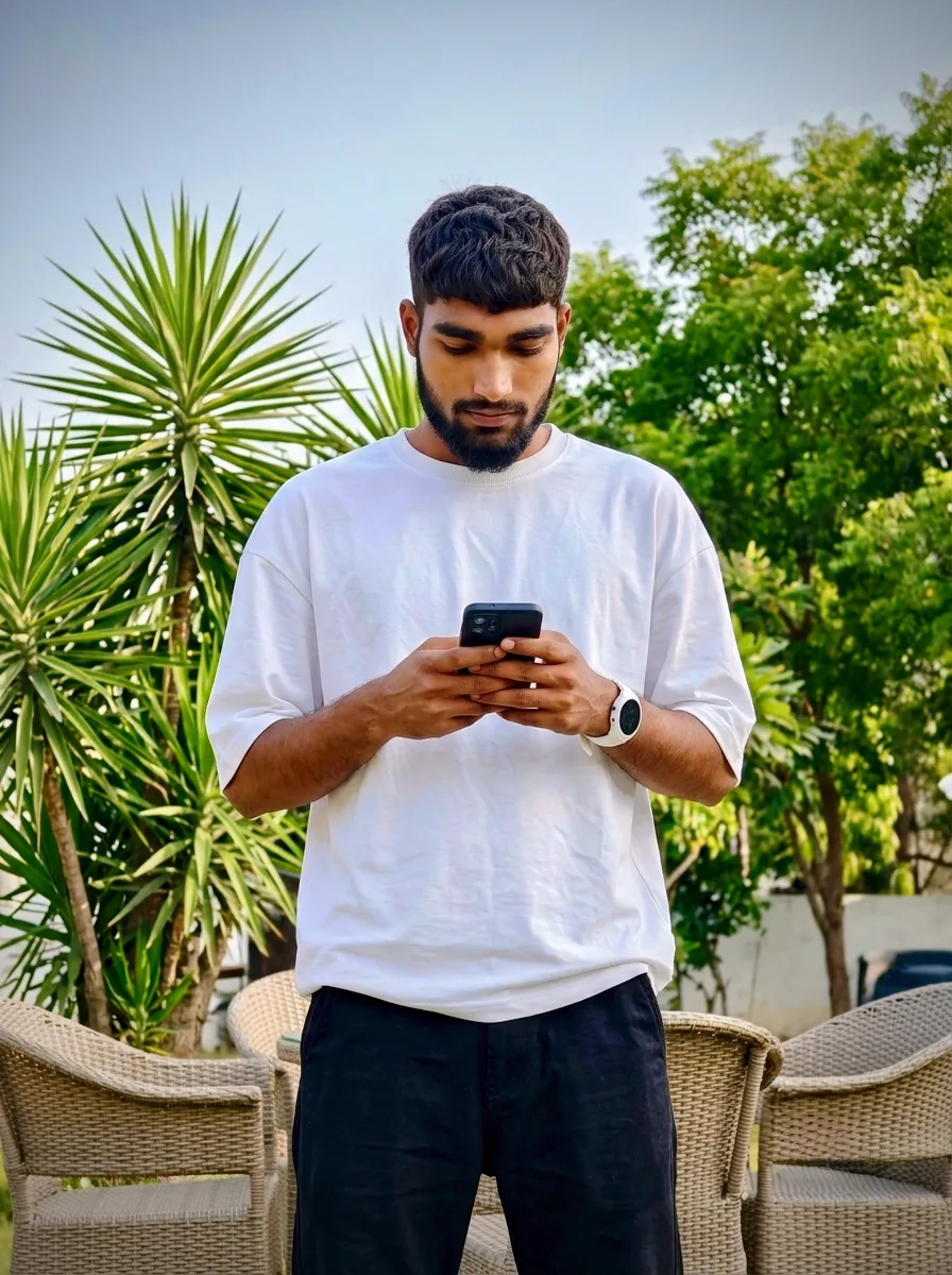A photorealistic vertical medium shot of the young South Asian man from the reference image, preserving his recognizable facial identity,