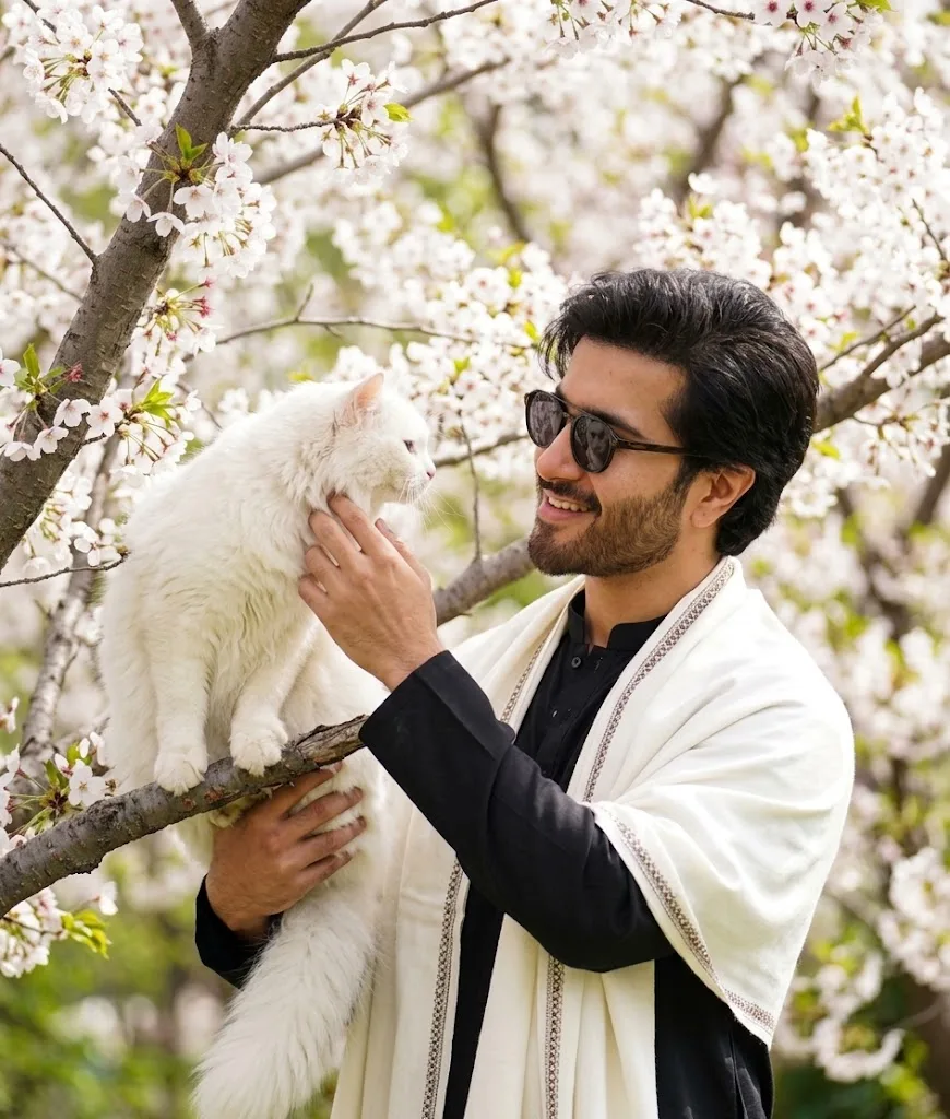 USE REFRENCE AND CREATE PHOTO A CHARMING OUTDOOR PORTRAIT OF A YOUNG MAN WITH A SHORT BEARD AND SUNGLASSES, DRESSED IN A BLACK KURTA AND A
