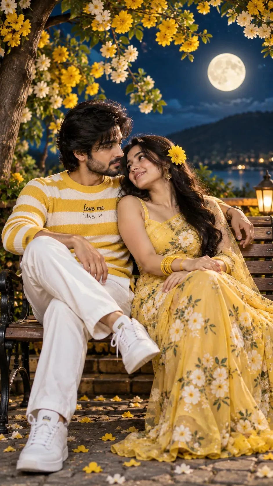 A romantic couple sitting together on a wooden park bench under a night sky with a bright glowing full moon and blooming yellow and white