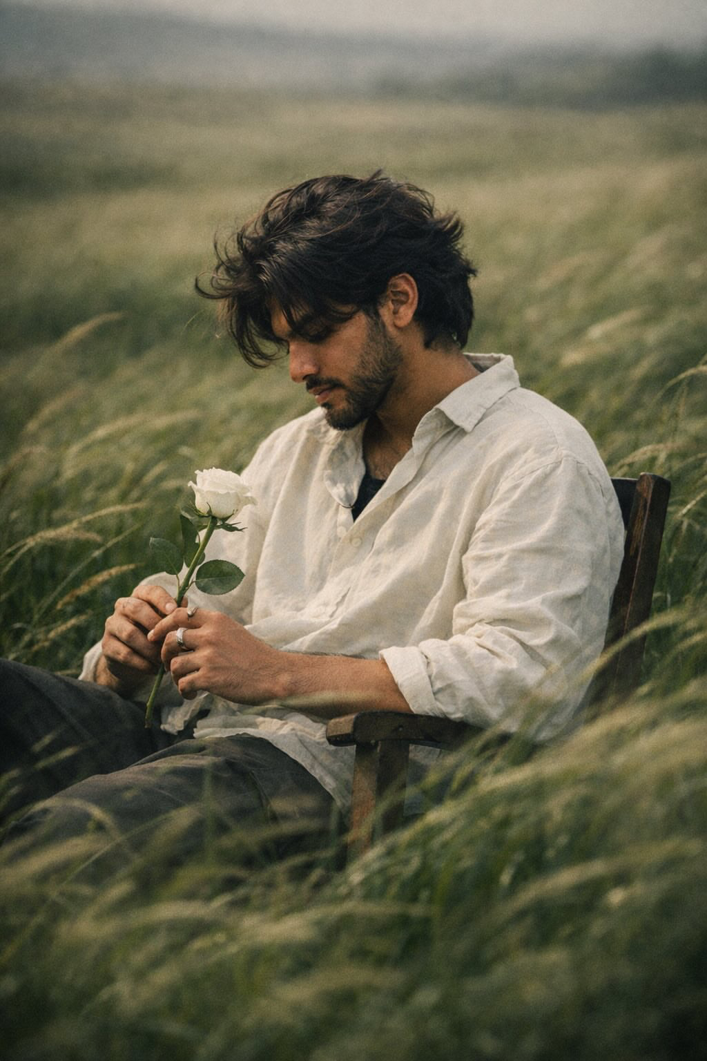 Use the attached photo to create a cinematic editorial portrait of a man sitting on a simple chair in vast, wind-swept green grass fields.