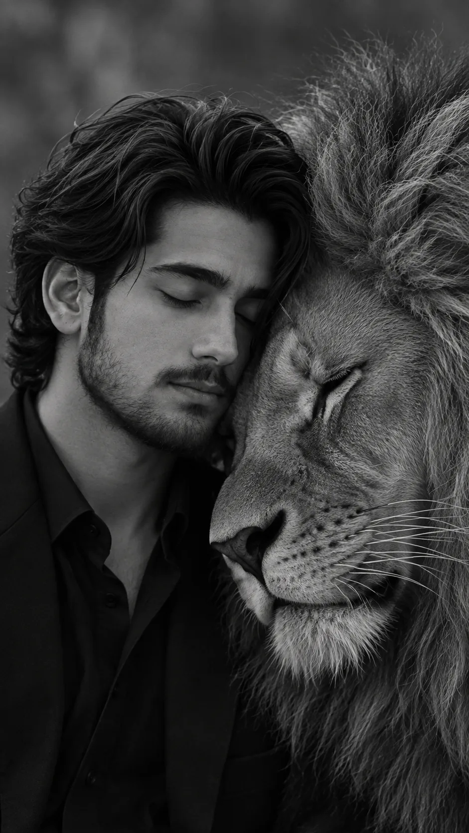 **Ultra-realistic cinematic black-and-white portrait photograph of a young adult man standing intimately beside a majestic adult male lion,