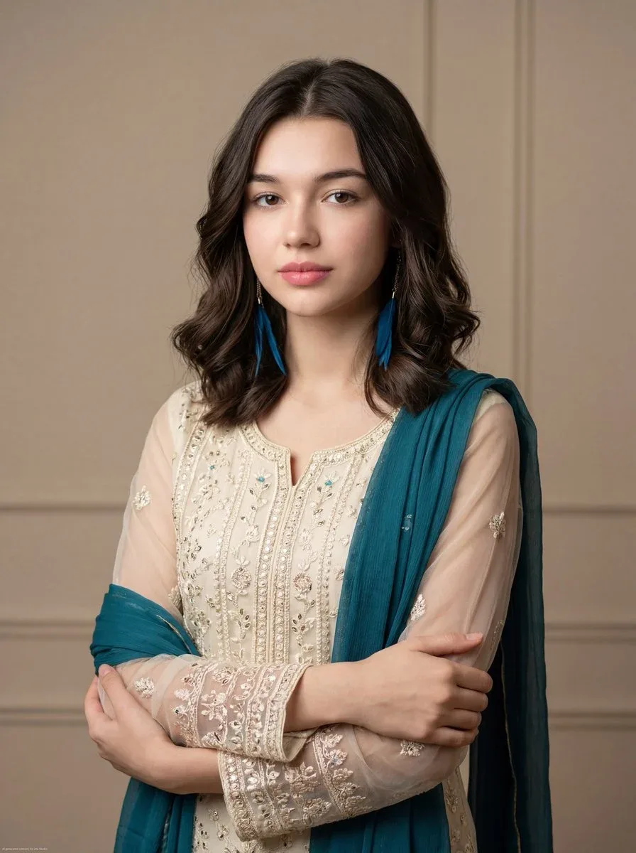 { "image_generation": { "subject": { "description": "young woman in elegant traditional attire", "pose": "standing with arms gently