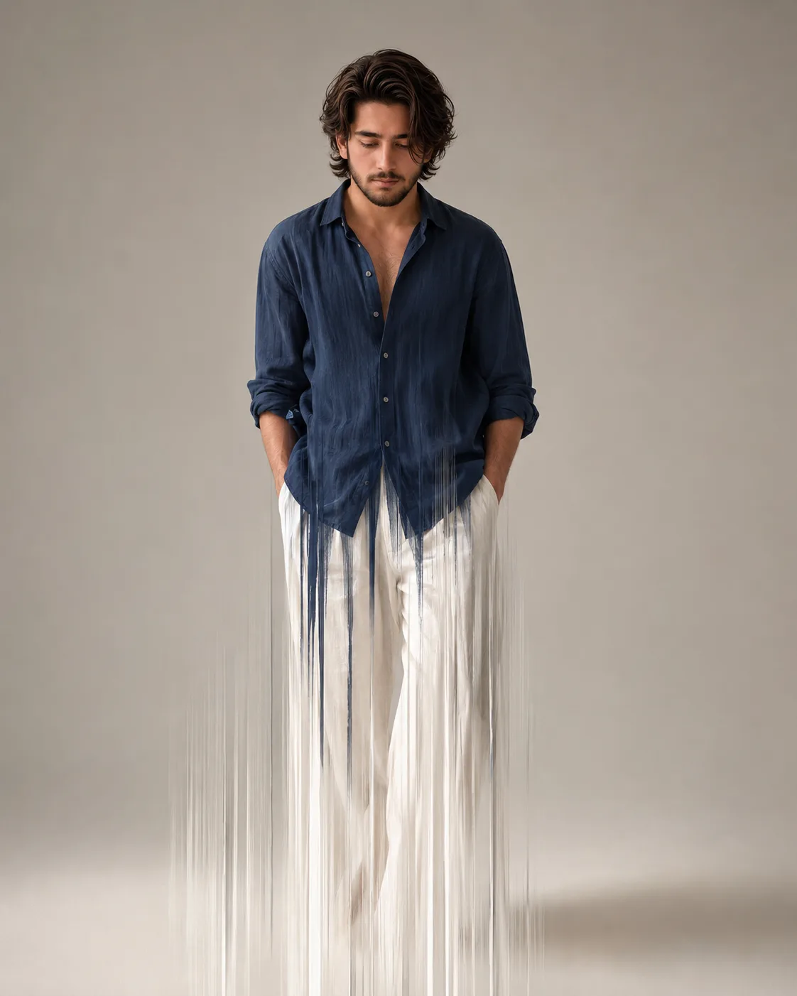Create a highly detailed **cinematic fine-art fashion portrait** of a handsome young adult man standing against a minimalist **warm